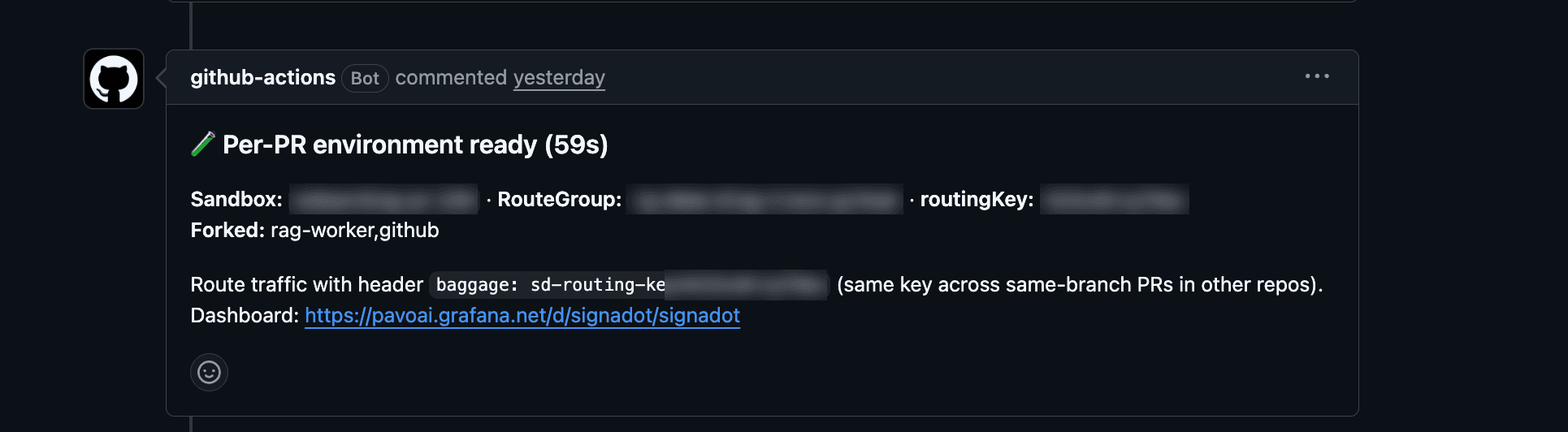A pull request comment showing that a sandbox was created, the services forked, and the routing key for the environment.