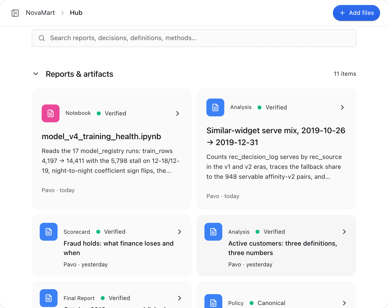 Pavo demo workspace: the Knowledge Hub of verified, reusable findings