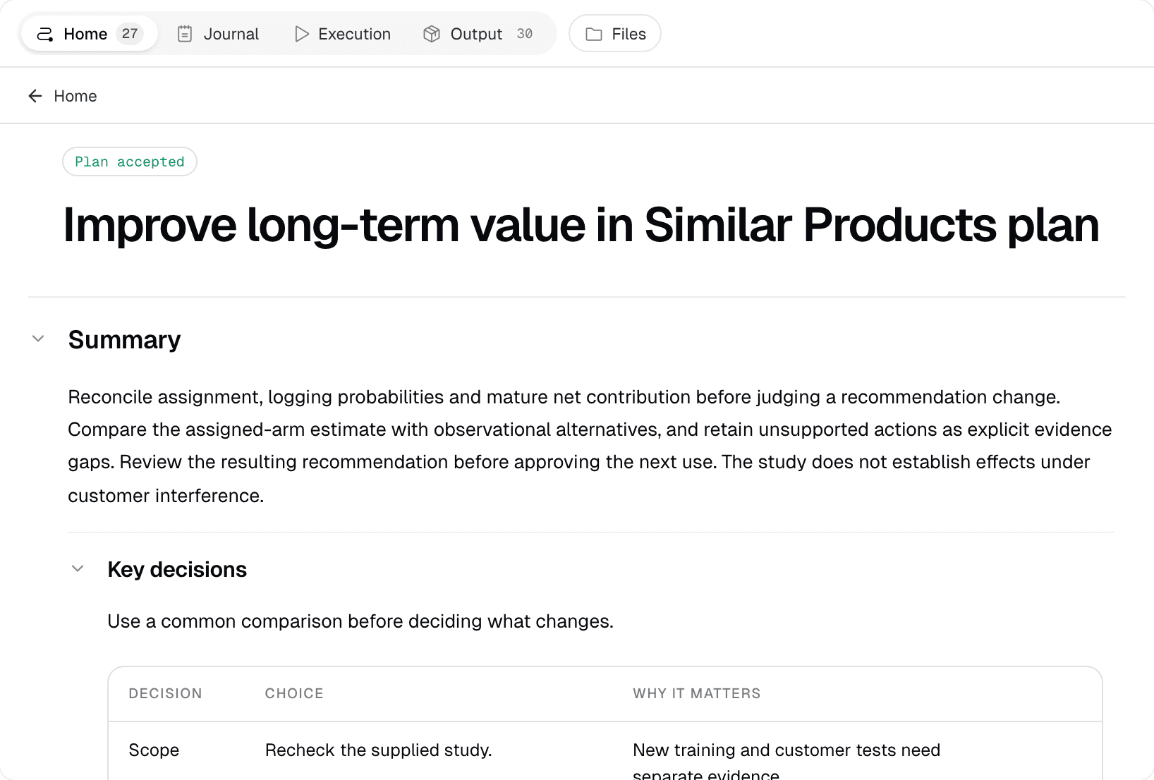 Pavo demo workspace: an accepted study plan with its summary and key decisions