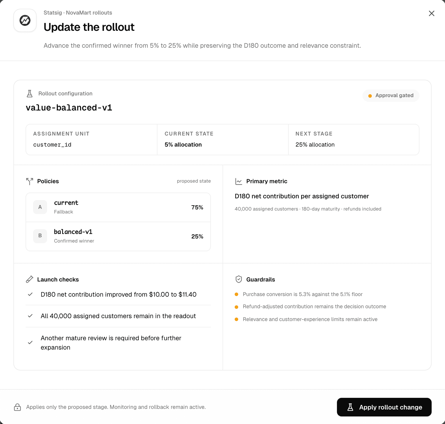 Pavo demo workspace: an approval-gated Statsig rollout with launch checks and guardrails