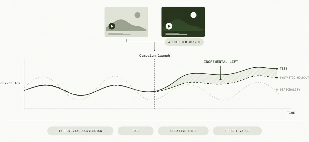 Illustrative streaming creative test: a synthetic holdout separates seasonal movement from incremental lift after a campaign launch.